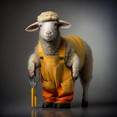 Wall Mural - Portrait of a sheep in overalls