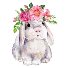 Bunny And Flower Wreath, Cute Rabbit On Summer Flora On Isolated White Background. Watercolor Illustration.