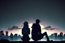 Silhouette Of Couple Sit On Ground Point Faraway On The Roof Above The City In The Night. Generative AI