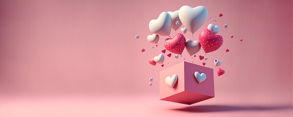 valentines day concept 3d heart shaped balloons flying with gift boxes on pink background. love conc