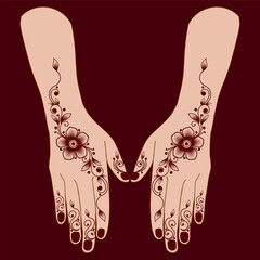 Wall Mural - simple henna mehndi design on two hands indian arabic Indonesian asian culture vector illustration