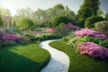 Landscaping In Home Garden. Landscape Design With Plants And Flowers At Residential House. Scenic View Of Nice Landscaped Garden In Backyard. Generative AI