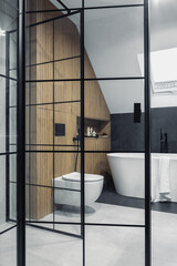 Poster - Stylish interior of bathroom with bathtub, shower, towels and personal accessories. Modern and design interior. Lamella panels on the wall. Roof window. Template.