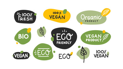 Fresh healthy organic vegan food logo labels and tags. Vector hand drawn illustration. Vegetarian eco green concept