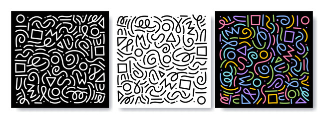 Colorful line doodle pattern set. Creative minimalist style art background collection, trendy design with basic shapes. Modern abstract color backdrop. Black, white and color composition