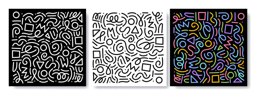 Wall Mural - Colorful line doodle pattern set. Creative minimalist style art background collection, trendy design with basic shapes. Modern abstract color backdrop. Black, white and color composition