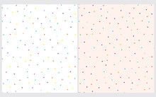 Simple Colorful Dotted Seamless Vector Patterns. Tiny Polka Dots Isolated On A White And Biege Background. Cute Abstract Repeatable Print With Multicolor Confetti Ideal For Fabric, Wrapping Paper.