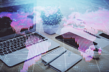 Aufkleber - Double exposure of business theme icons and work space with computer background. Concept of success.