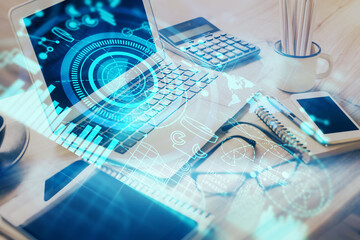 Aufkleber - Double exposure of business theme icons and work space with computer background. Concept of success.