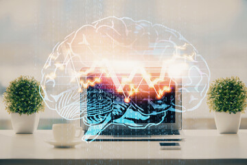 Poster - Double exposure of desktop with computer and brain drawing hologram. Artificial intelligence concept.