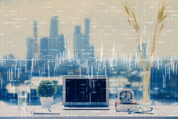 Wall Mural - Financial market graph hologram and personal computer on background. Multi exposure. Concept of forex.