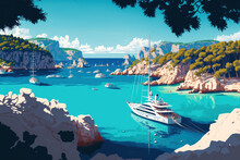 Panorama Of Mallorca, A Lovely Bay With Opulent Yachts Off The Santa Ponsa Coast In The Balearic Islands' Mediterranean Sea. Generative AI