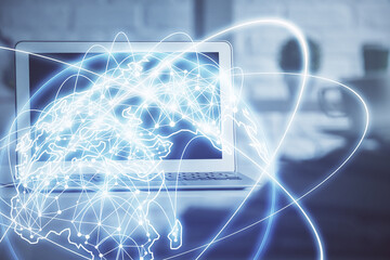 Aufkleber - Multi exposure of business theme icons and work space with computer background. Concept of success.