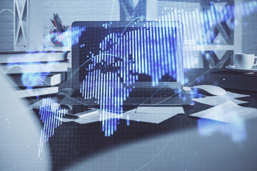 Aufkleber - Multi exposure of business theme icons and table with computer background. Concept of success.