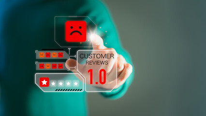 Poster - Man give negative reviews for customer satisfaction surveys. One star rating assessment for testimonial, customer evaluation feedback, service rating satisfaction and certification concept.