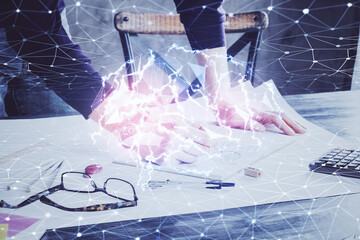 Fototapete - Man with multi exposure brain theme icons.