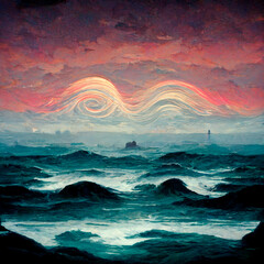 Wall Mural - Pink Blue Dreamlike Seascape Ocean Lighthouse Red Sky Sea Swirls Waves Aesthetic Psychedelia Escapism Painting Generative AI Tools Technology illustration	