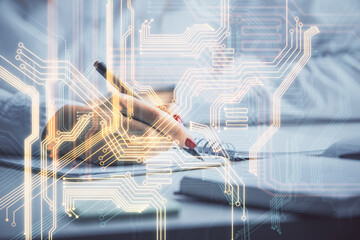 Fototapete - Technology theme hologram over woman's hands taking notes background. Concept of Tech. Double exposure