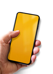 Poster - Hand holding a smartphone with blank yellow screen. Isolated on transparent background with shadow.