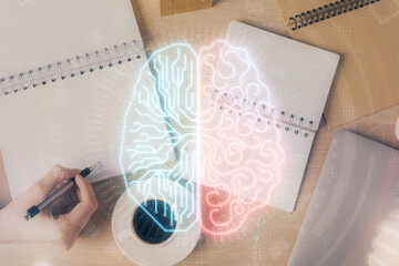 Poster - Multi exposure of woman's writing hand on background with brain hologram. Concept of brainstorming.