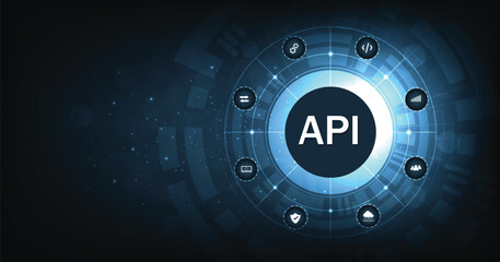 Leinwandbilder -  Application Programming Interface (API). Software development tools, information technology, modern technology, internet, and networking concept on dark blue background.	