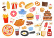 Big vector set of cartoon fast food isolated on white background.
