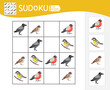 Sudoku game for children with pictures. Kids activity sheet. Vector illustration cartoon household fast bird.
