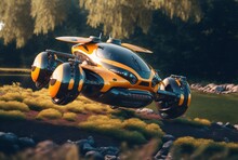 Air Vehicle, Flying Car Travel Concept, Futuristic Vehicle.