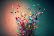 Colored confetti exploding party popper on studio background with copy space for text or banner design. Generative AI.
