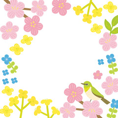 Wall Mural - Spring flowers and bird background frame illustration