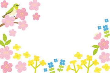 Wall Mural - Spring flowers and bird background frame illustration