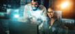 © Angelo/peopleimages.com - Creative business people, global digital transformation and hologram for telemarketing or future networking at night with lens flare. Consultants smiling for big data, innovation or online startup