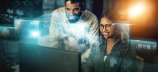 Poster - Creative business people, global digital transformation and hologram for telemarketing or future networking at night with lens flare. Consultants smiling for big data, innovation or online startup