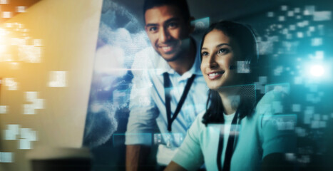 Aufkleber - Business people, call center and futuristic communication for digital marketing, support or telemarketing in it support. Happy consultants in big data collaboration or networking on overlay