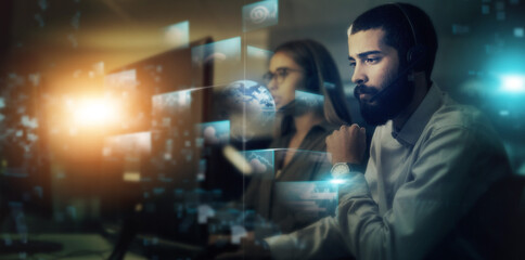 Poster - Overlay, future and man in call center, holographic and agent with focus, help and telemarketing. Customer service, employee thinking and male consultant talking, connection and global communication
