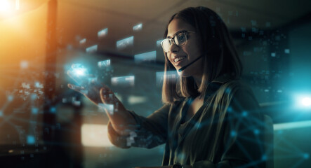 Poster - Creative businesswoman, hologram and digital transformation or icons at night in double exposure. Female employee working with big data, research or networking for future innovation in online startup