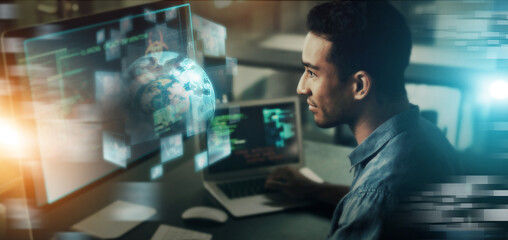 Aufkleber - Creative businessman, hologram and digital transformation in crypto trading at night double exposure. Male employee trader in big data, fintech or blockchain for future innovation or online startup