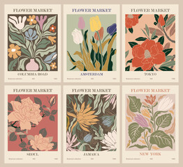 Wall Mural - Flower Market poster, print Set of 6. Trendy abstract botanical wall arts with floral design in earth tone colors. Modern naive groovy funky interior decorations, paintings. Vector art illustration