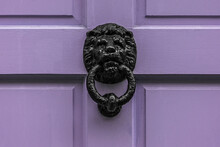 Heavy Black Cast Iron Lion Door Knocker On A Purple Wooden Door.
