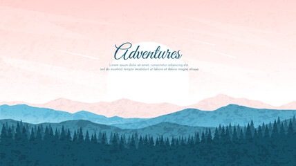Wall Mural - Flat minimalist drawing. Silhouettes of mountains and fir trees, clear sky. Spotted texture, abstract geometric elements. Template for poster, cover, advertisement, background.