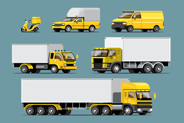 Big isolated vehicle vector colorful icons set, flat illustrations of various type truck, logistic commercial transport concept.