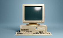 Retro 1990s Style Beige Desktop PC Computer And Monitor Screen And Keyboard.  3D Illustration.