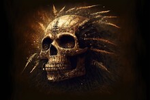 An Old Human Skull With Grain Growing On It, Dark Brown  Background Illustration Generative Ai