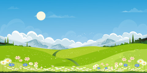 Wall Mural - Spring green fields landscape with mountain,blue sky and clouds background,Panorama peaceful rural natural in springtime with green grass land. Cartoon vector illustration for spring and summer banner