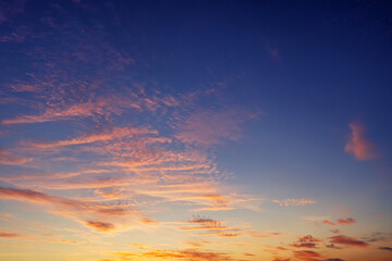 Wall Mural - The sky before dawn, orange clouds on the background of the blue sky.