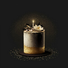 Wall Mural - luxurious birthday celebration themed minimalist white cake with golden sprinkles topped with flowers and 1 candle surrounded by sprinkles of gold on black background generative ai