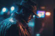 © alexkoral - portrait of male detective in noir style in a raincoat and hat in a night city. Generative AI