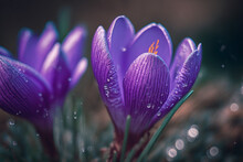 Blue Sprouting Crocus Flowers Covered In Water Droplets In Spring. Generative Ai Illustration.  