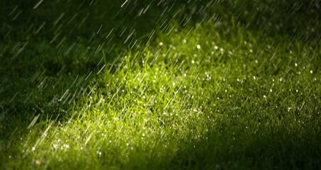 Wall Mural - Raindrops fall on the green grass in the park.