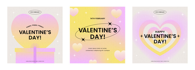 Happy Valentine's Day greeting card set. Gradient, Typography poster, 3D, y2k aesthetic. Social media template. Digital marketing, Sale, Fashion advertising. Banner, Flyer. Trendy vector illustration.